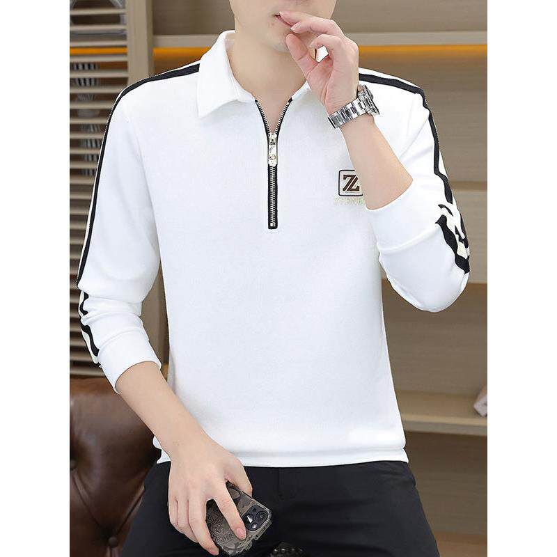 半拉炼卫衣男2025春秋季纯棉潮流男士条纹休闲翻领白色长袖T恤潮