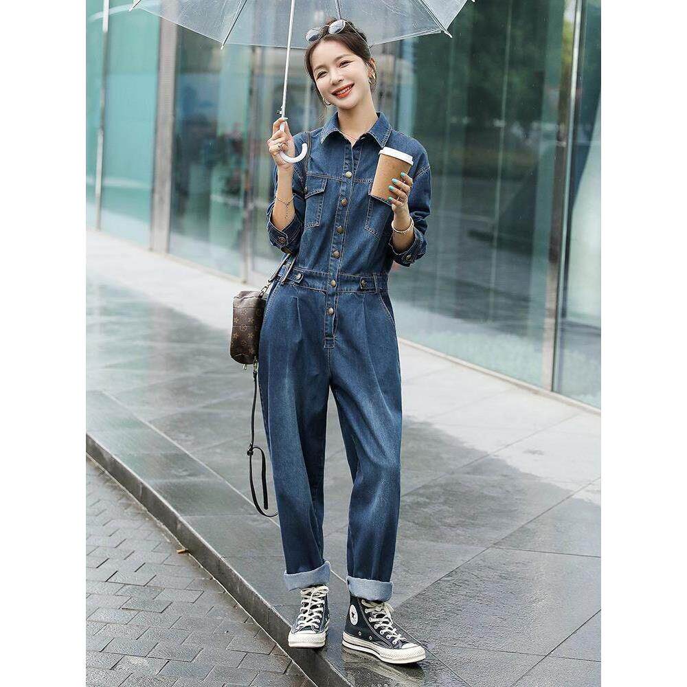 香港休闲时尚牛仔连体裤女2026春秋减龄显瘦修身小个子工装连衣裤