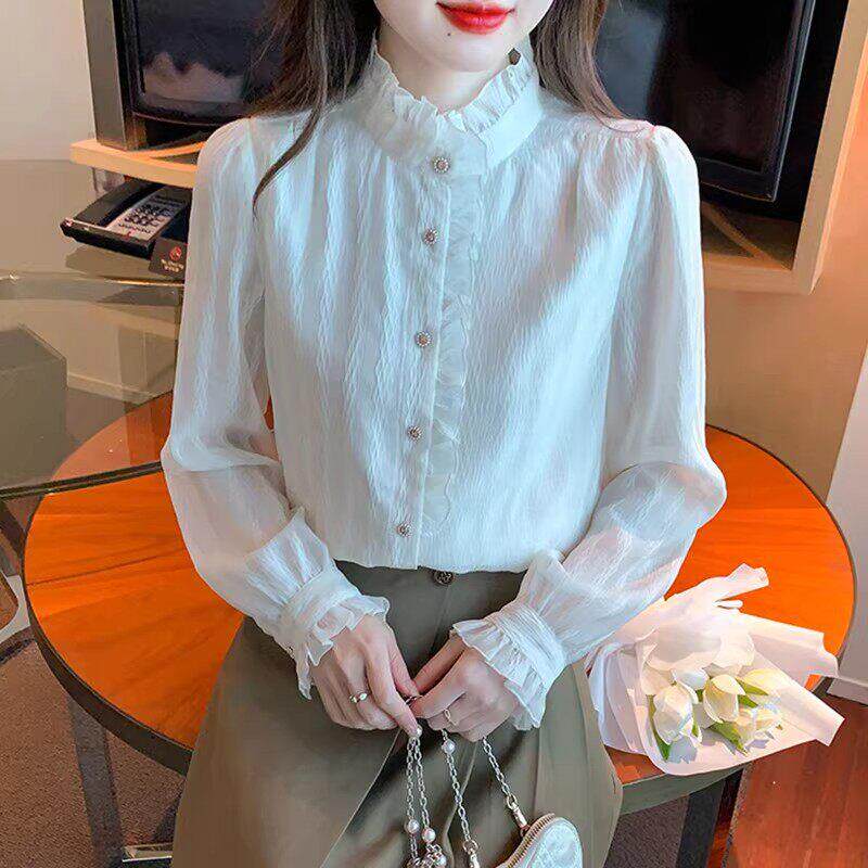香港TIMO法式荷叶边立领长袖雪纺衬衫女春装年早春季小众上衣衬衣