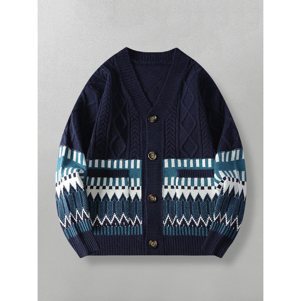 印花拼接！菱形编织！秋季日系覆古花纹拼色针织开衫男毛衣服外套