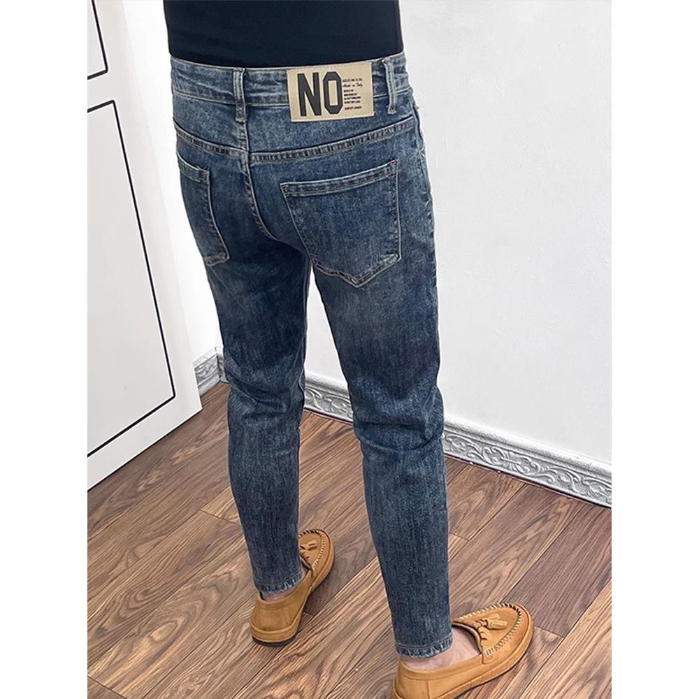 深蓝色牛仔裤男士春秋季新款韩版修身小脚九分裤百搭弹力休闲裤子