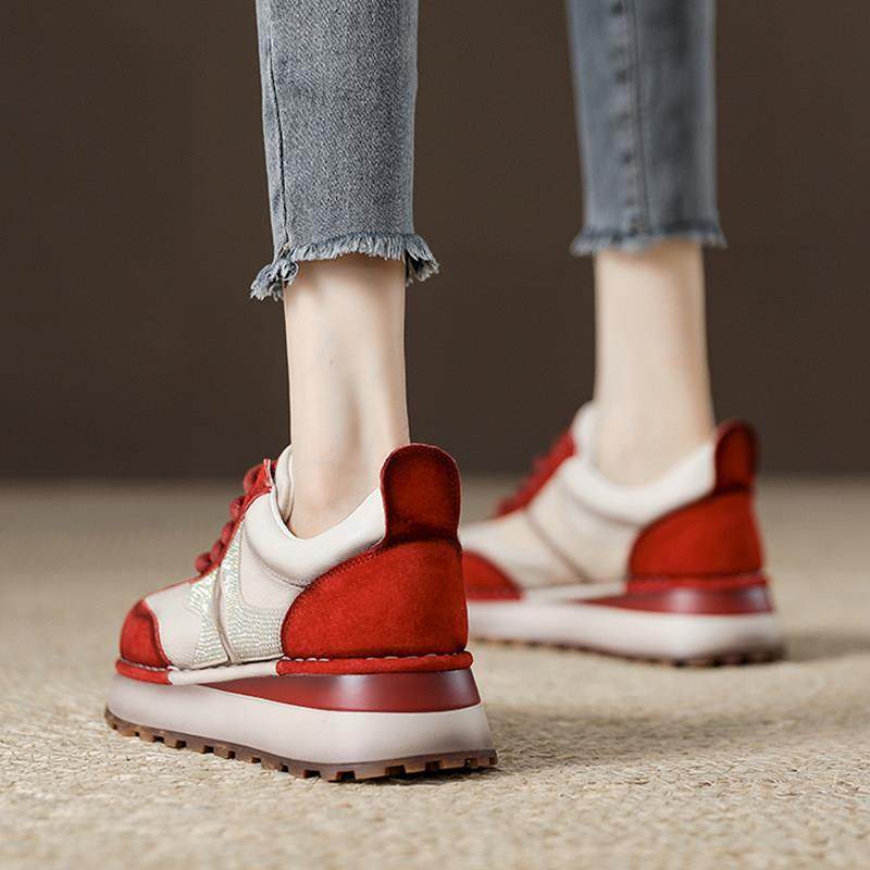 上脚巨舒服~！LW-Changer~皮面覆古红色运动鞋厚底轻便老爹鞋女鞋