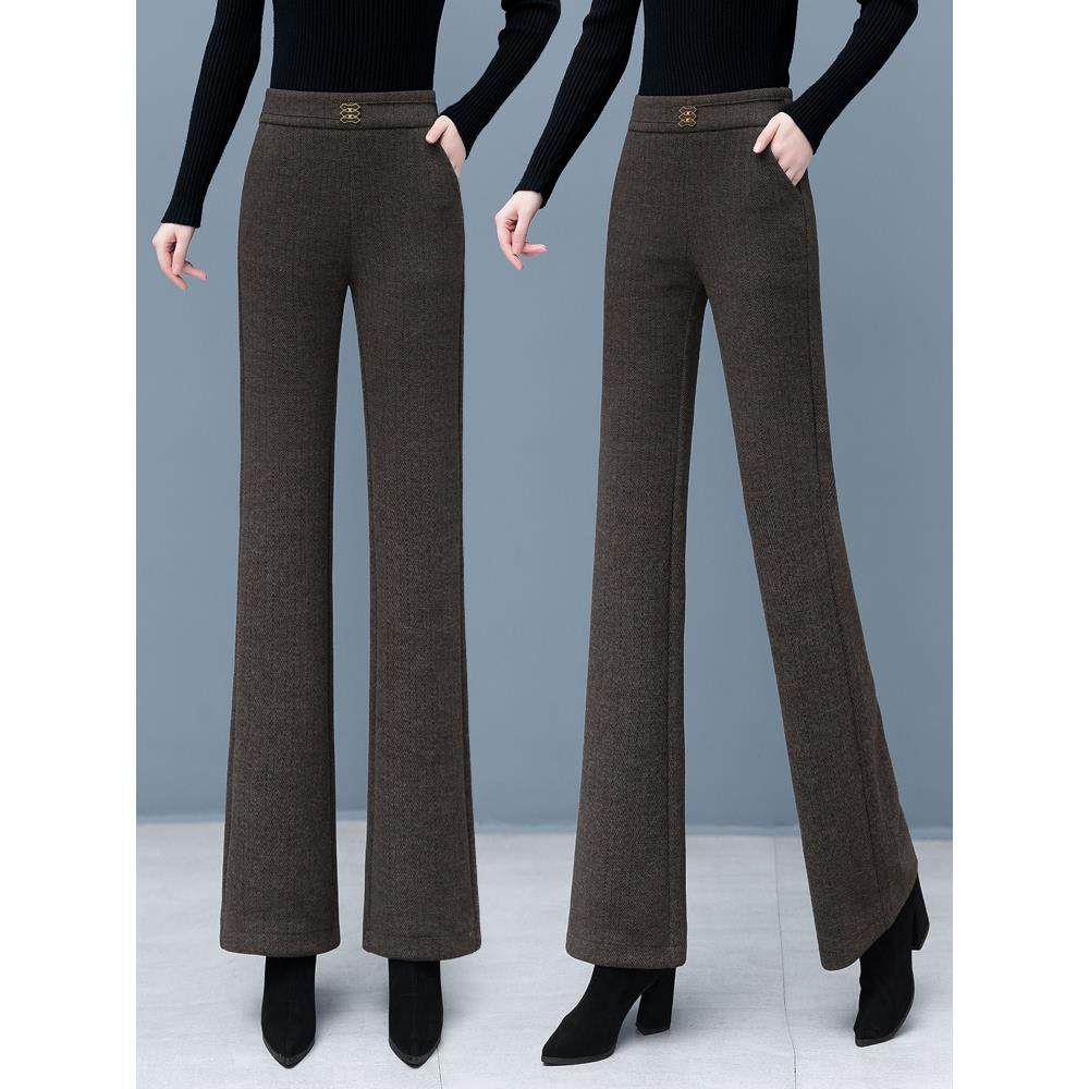 羊毛呢微喇裤女2025秋冬季新款显瘦高腰加绒加厚大码直筒阔腿长裤