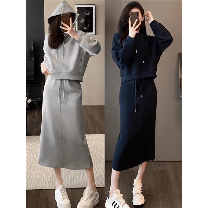 香港欧洲站女装连帽卫衣半身裙两件套休闲减龄英伦运动风套装裙秋