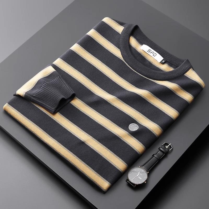 轻奢条纹毛衣男士春秋季新款时尚绣花长袖针织衫修身保暖休闲上衣