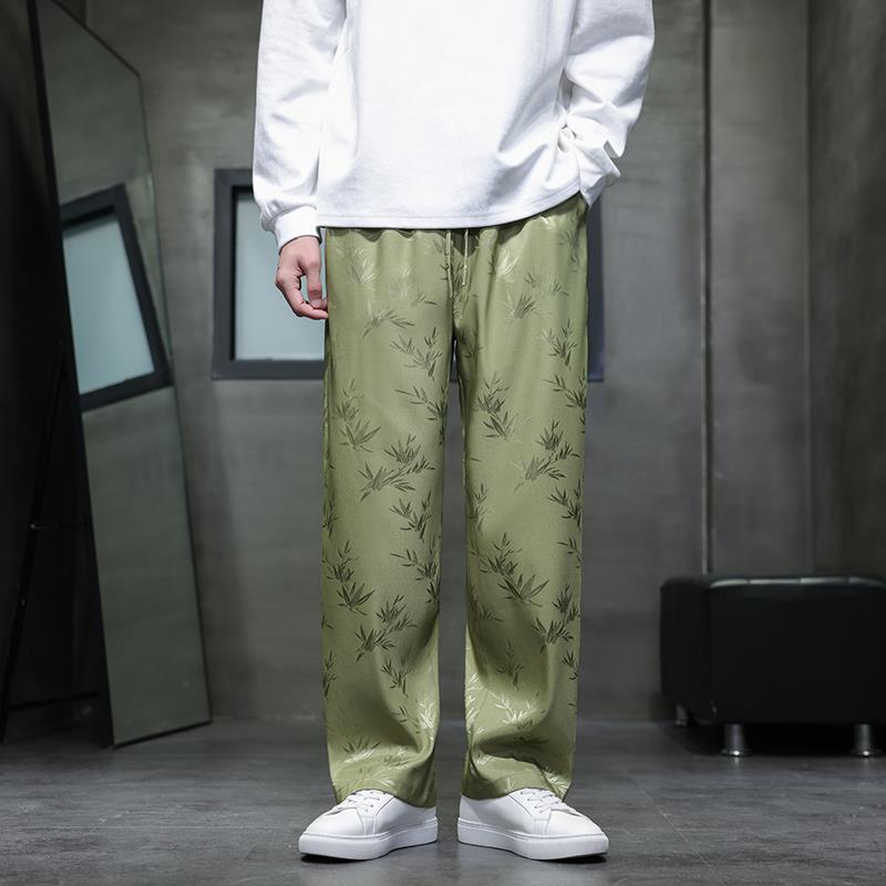 TWG新中式休闲长裤男中国风春秋季冰丝提花直筒裤宽松大码百搭潮