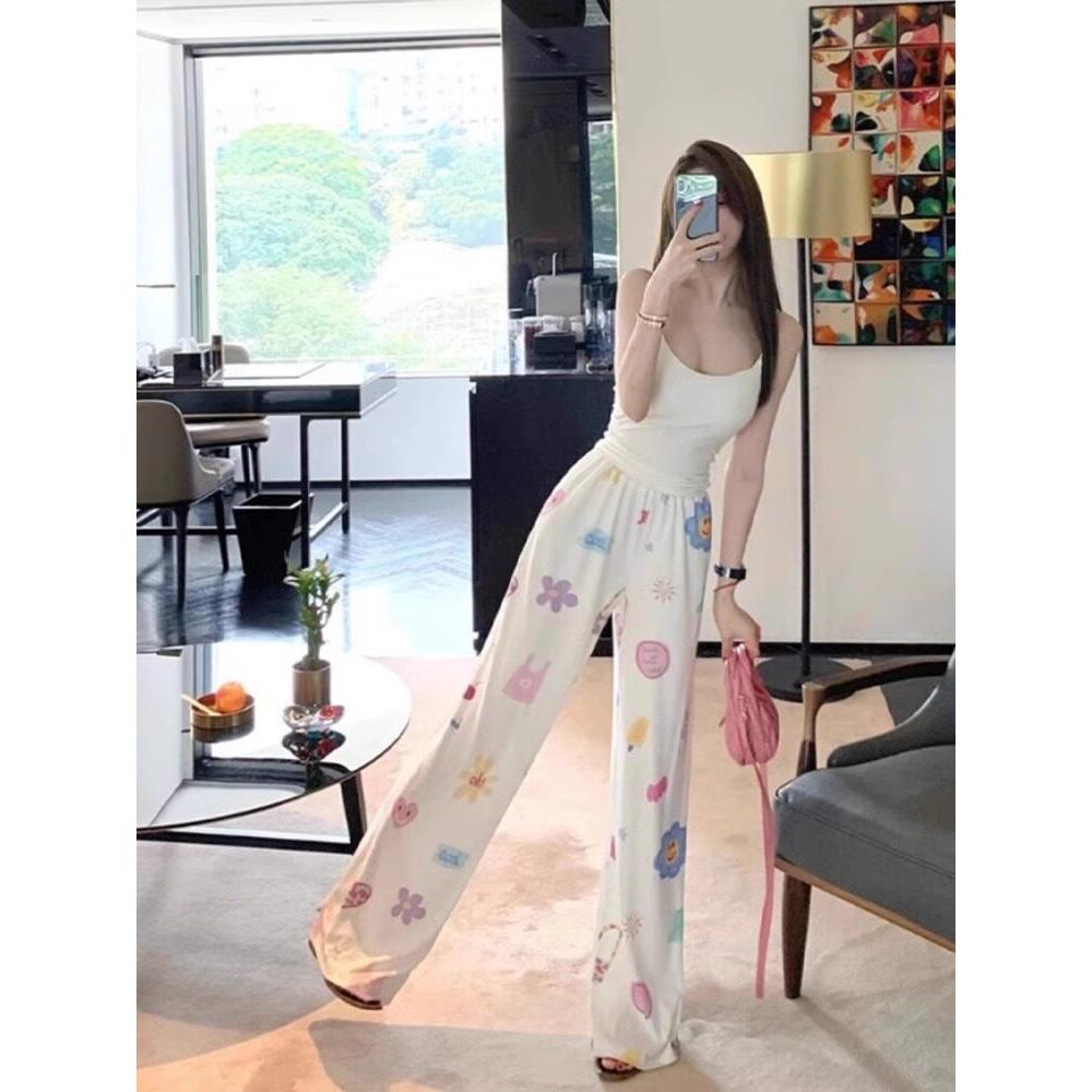高端睡裤女款夏季薄款冰丝长裤家居阔腿裤休闲百搭碎花多巴胺裤子
