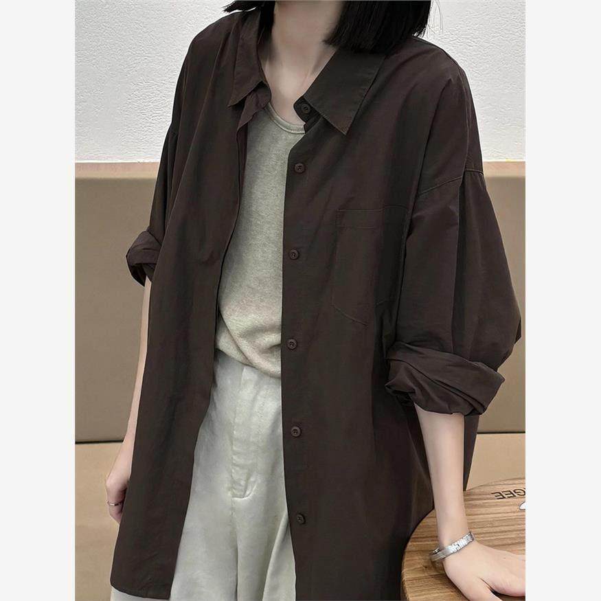 韩国NextMary覆古咖色长袖衬衫女高级感气质休闲慵懒上衣外套廓形