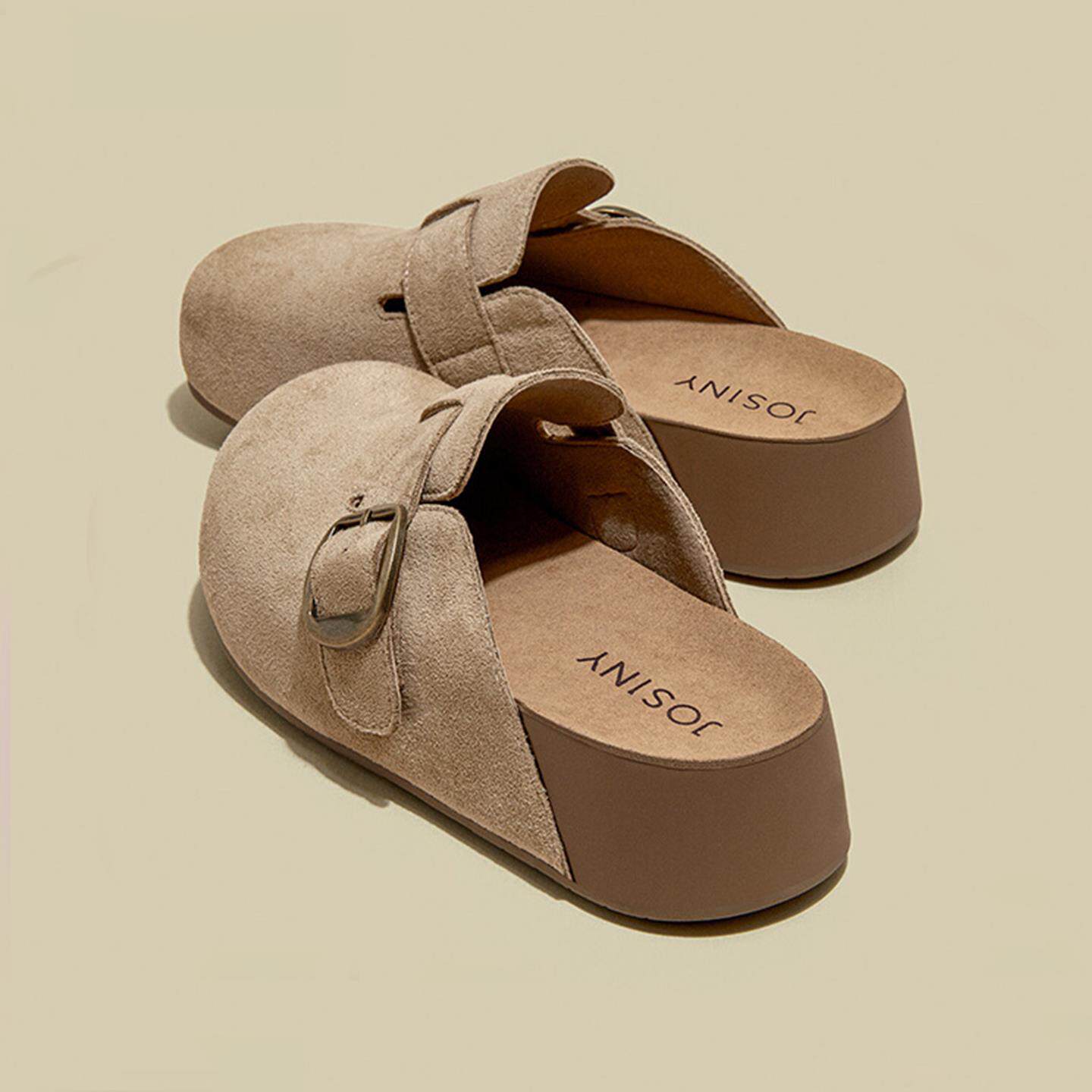 英国真皮厚底勃肯鞋女2026新款春秋巨好看全包头半拖鞋一脚蹬单鞋