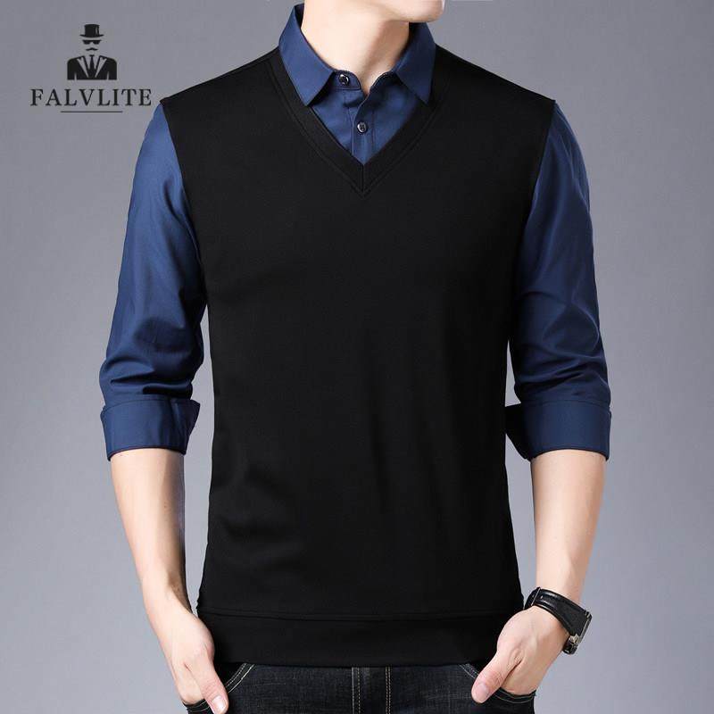 FALVLITE春秋薄款长袖t恤男衬衫领假两件针织休闲纯色打底衫男装