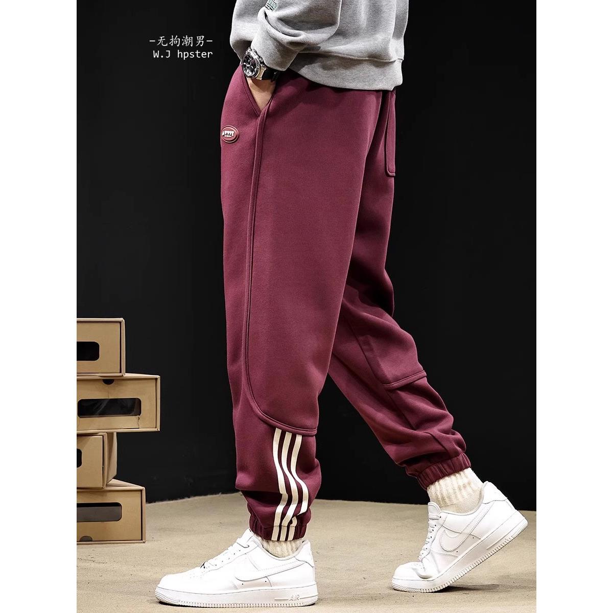 it neith BIAS潮牌束脚条纹卫裤裤男加绒加厚红色休闲秋冬季新款