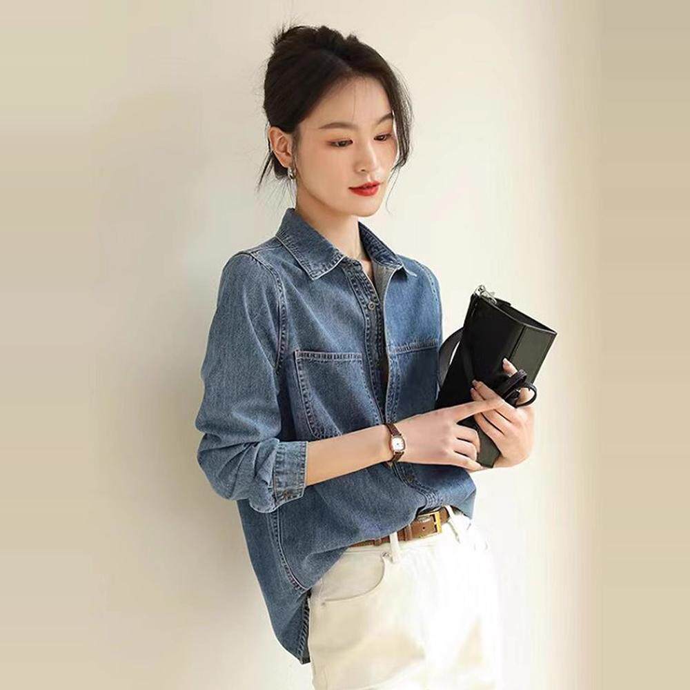 香港TIMO正肩牛仔衬衫女春秋内搭叠穿覆古港风外套小个子百搭衬衣