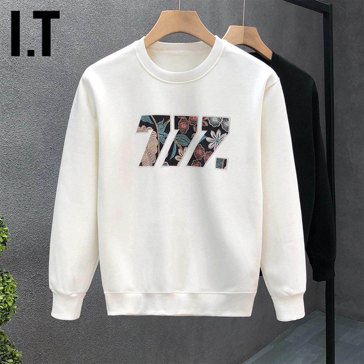 时尚品牌春秋季天鹅绒加厚圆领白色运动衫男士印花长袖t恤休闲套