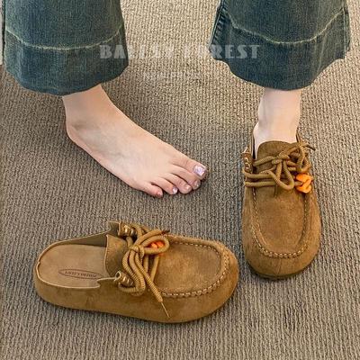 英国真皮内增高勃肯包头半拖鞋女外穿秋冬2025新款厚底一脚蹬凉拖