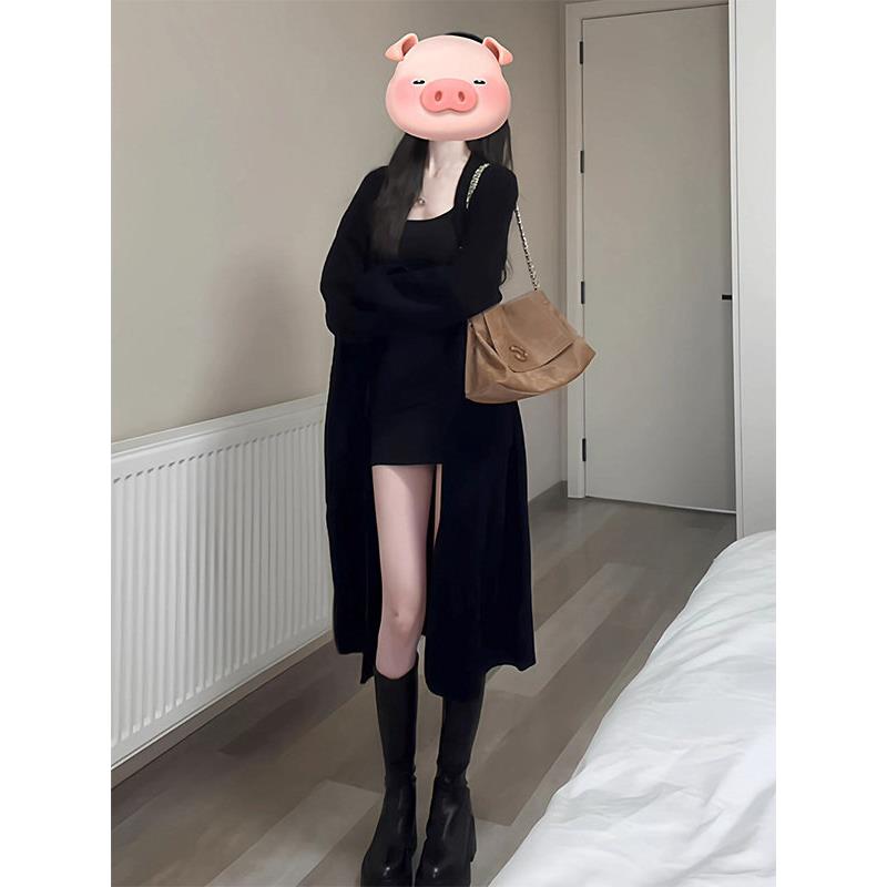 黑色毛衣外套女春秋欧货慵懒风覆古中长款设计感软糯针织开衫上衣
