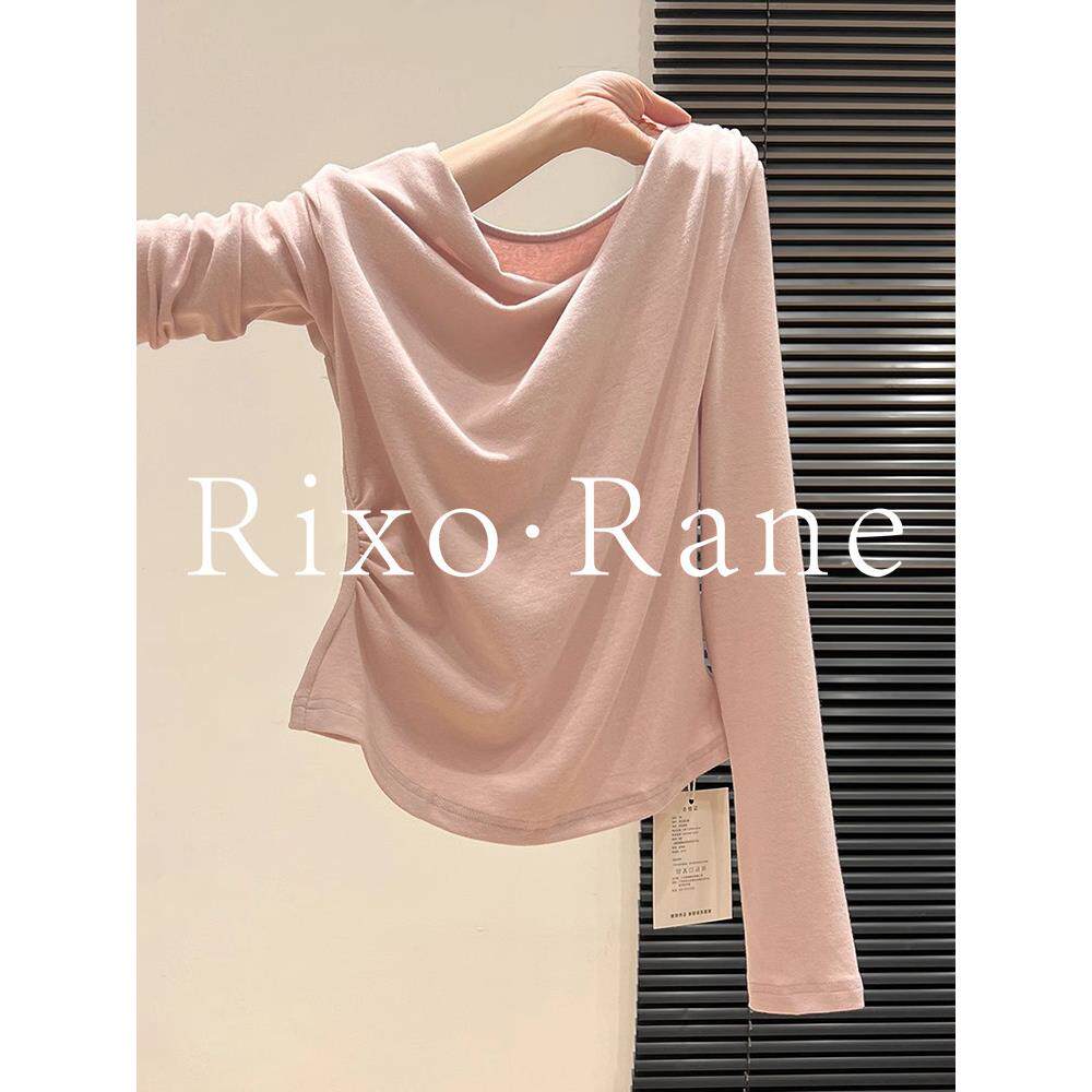 法国Rixo Rane⭐斜肩荡领长袖打底衫T恤女春露肩褶皱显瘦内搭上衣