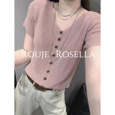 法国Rouje Rosella法式气质V领纽扣冰丝针织开衫t恤短袖女上衣