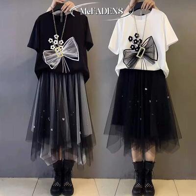 香港时尚大码新款连衣裙套装女洋气显瘦不规则网纱半裙裙两件套装