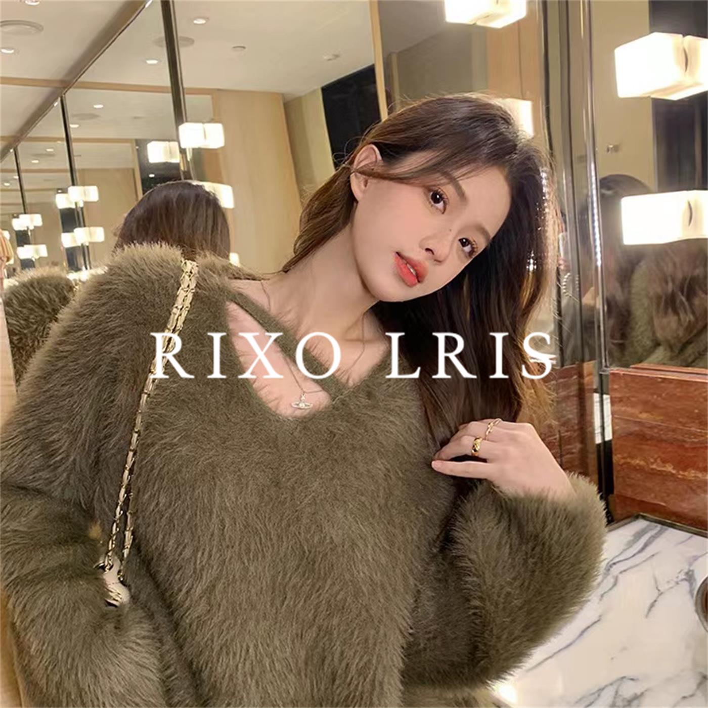 RIXO LRIS法式温柔风仿水貂绒毛衣女秋冬新款设计感v领针织衫上衣