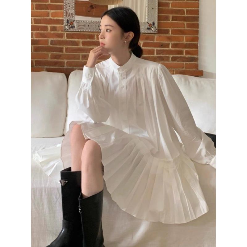 RIXO RXLY白色立领长袖衬衫连衣裙女春秋夏季显瘦遮肚百褶短裙子