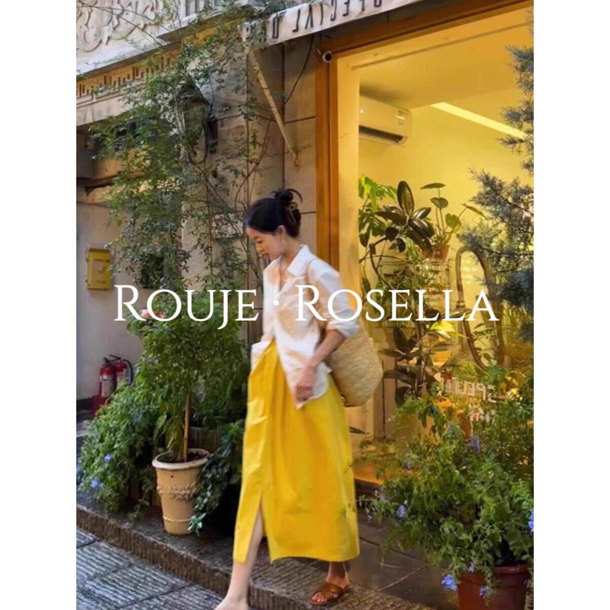 法国Rouje Rosella⭐法式黄色a字半身裙女中长款垂感高腰开叉伞裙