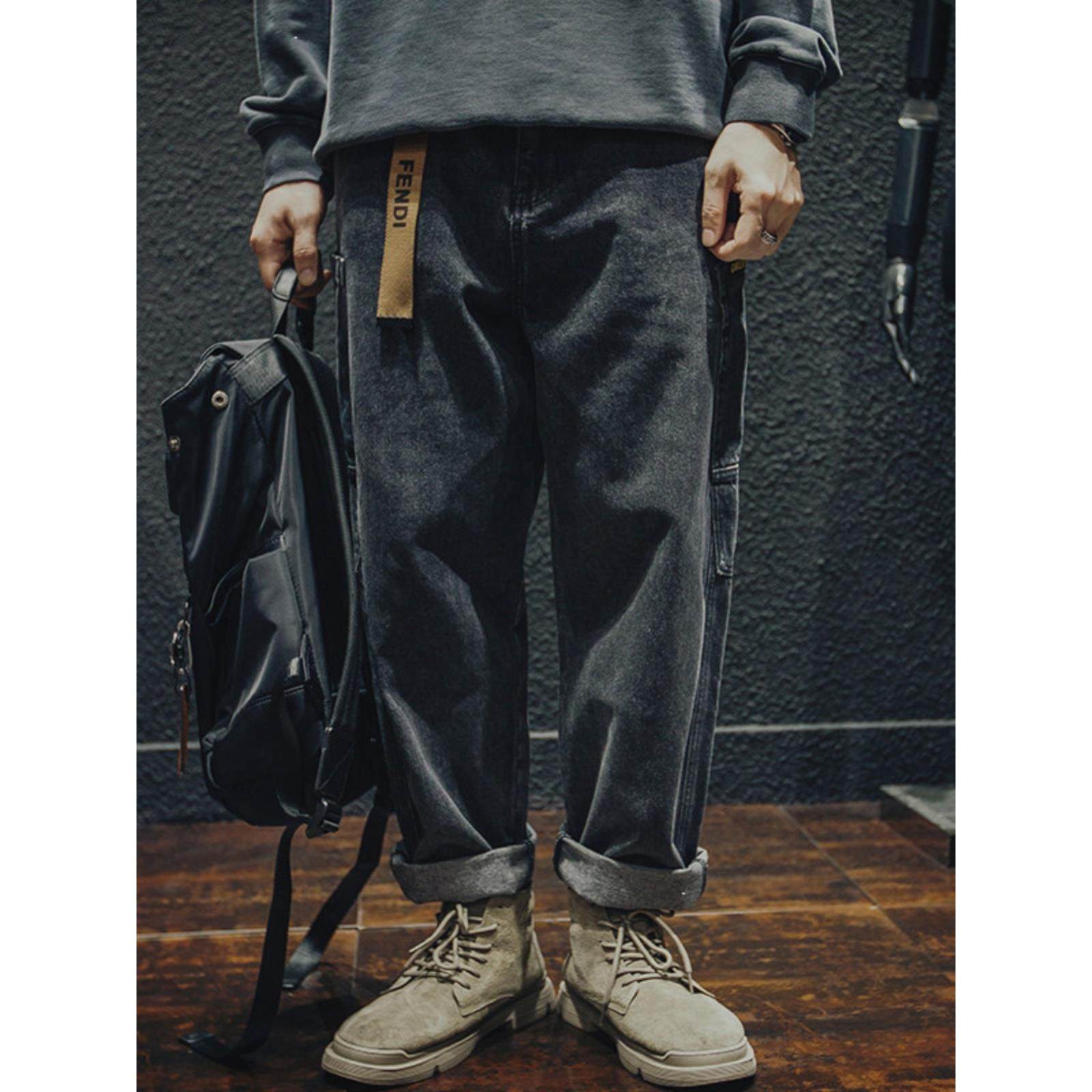 爆款~潮牌it neith BIAS黑色直筒工装牛仔裤男秋冬季大码胖子百搭