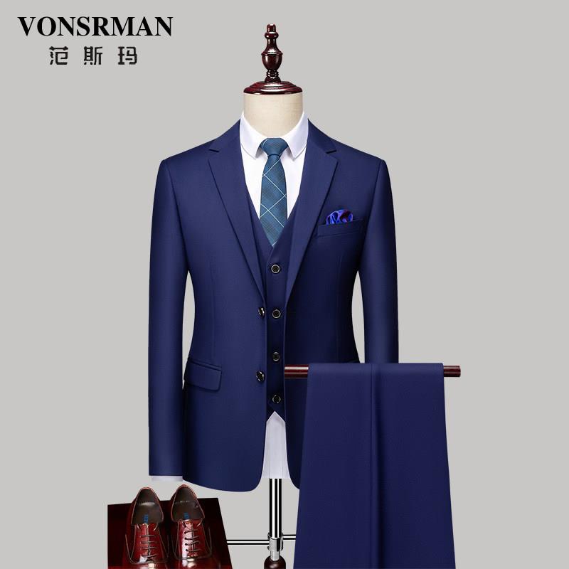 Vonsrman 男士商务休闲正装高端轻奢新郎结婚礼服修身西装三件套