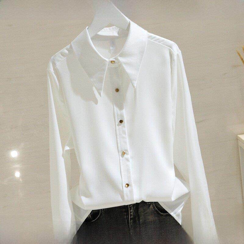 白色缎面衬衫女长袖2025春夏新款设计感小众雪纺轻熟垂感职业上衣