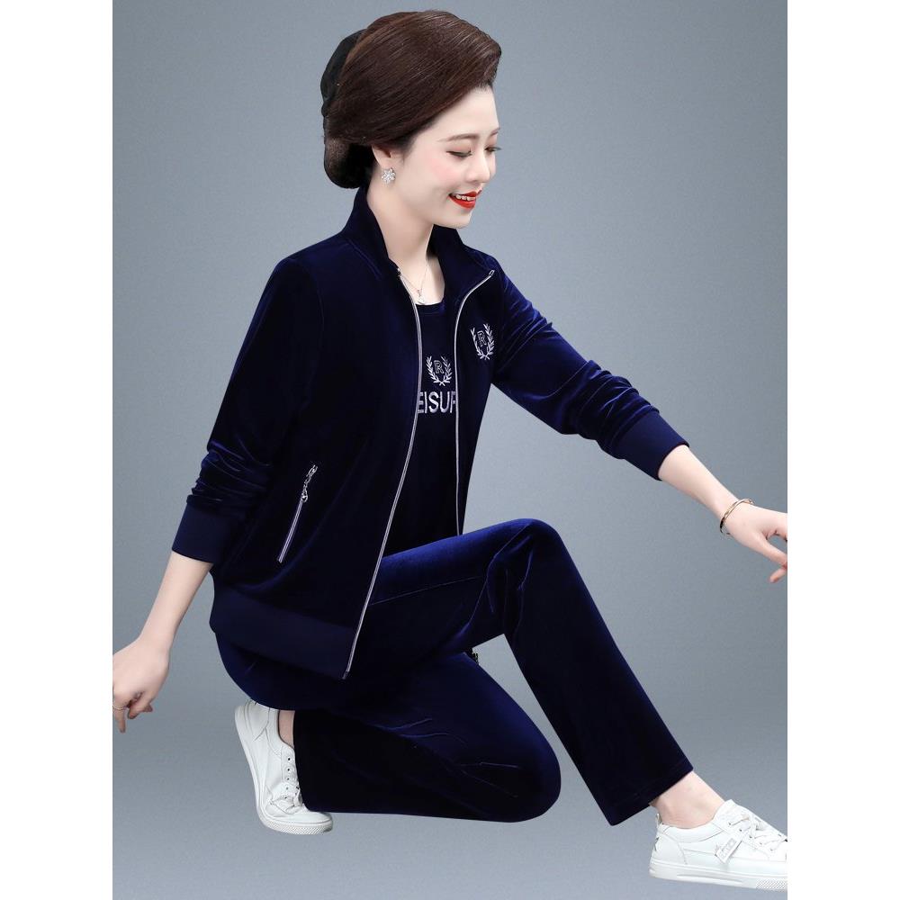 CVY金丝绒套装女士2025秋冬新款外套上衣洋气中老年运动装三件套