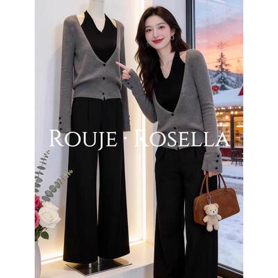 法国Rouje Rosella美丽气质高级感灰色针织v领假两件挂脖针织衫