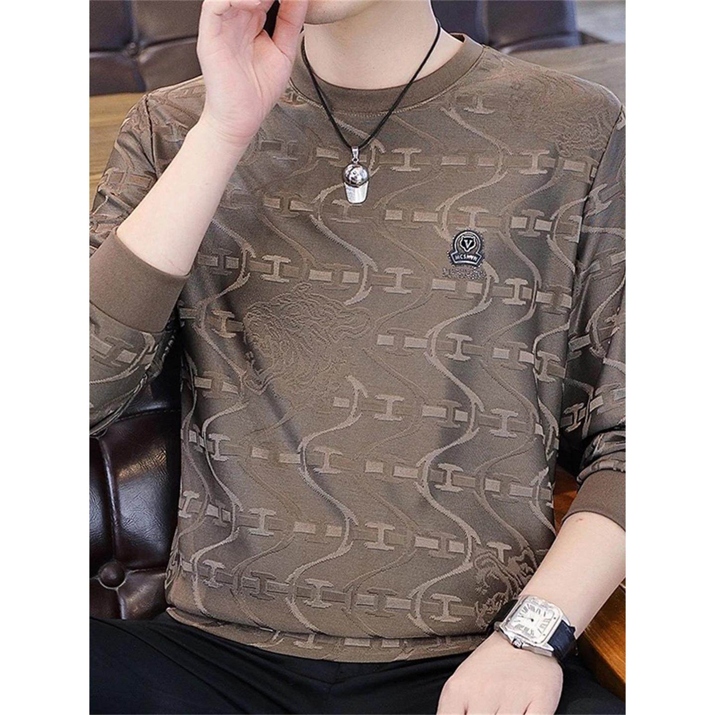 高端桑蚕丝长袖t恤男春秋季新款潮流个性提花圆领男士打底衫卫衣