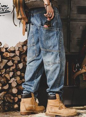 ROLENZ美式覆古牛仔裤男秋季高街ins潮牌工装裤宽松尺码直筒宽裤