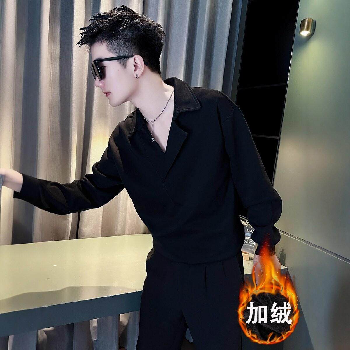 LL男装卫衣男秋冬季加绒加厚高级感V领打底衫2025新款痞帅风外套