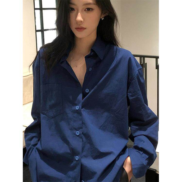 法式Rixo Kelly老钱风松弛感宝蓝色衬衫休闲叠穿衬衣气质长袖上衣