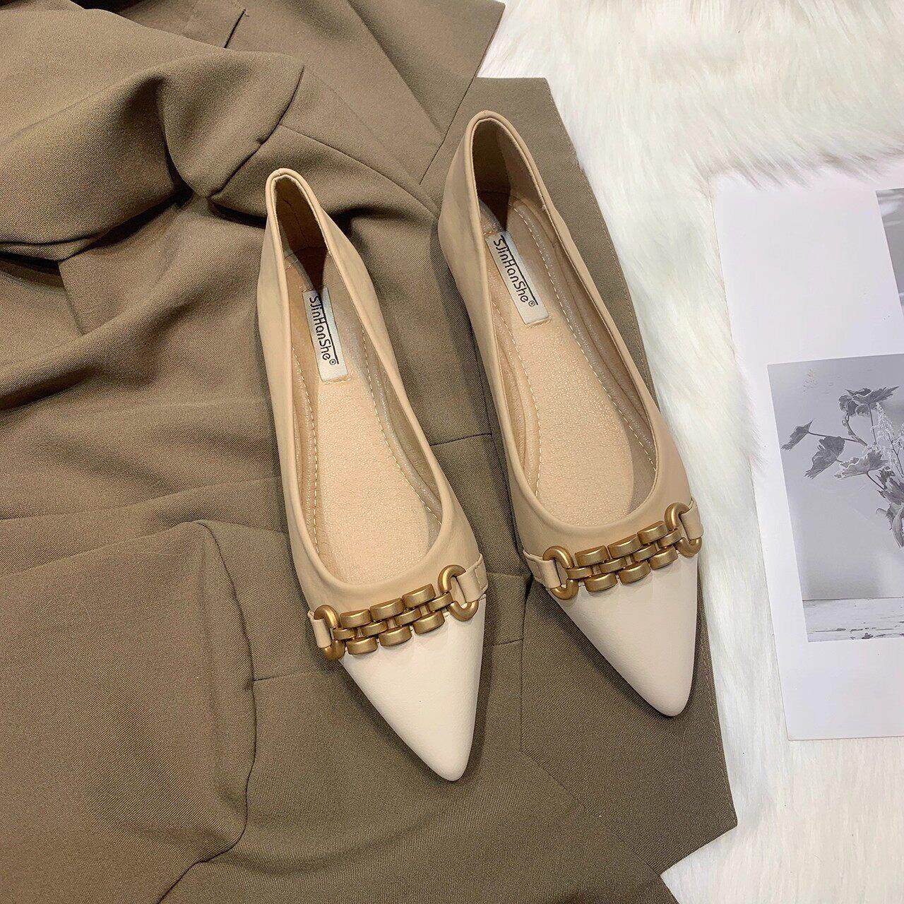 软皮覆古平底尖头单鞋女2025春秋季新款时尚软底舒适一脚蹬奶奶鞋