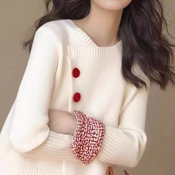 法国Rixo Kelly新款小香风白色圆领慵懒风高级感撞色针织衫毛衣女