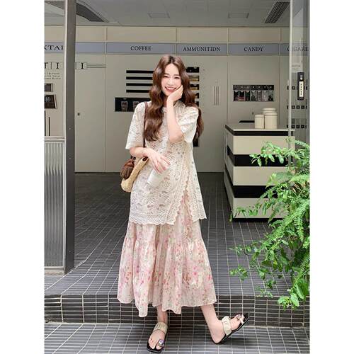 Chlenady非常好看的蕾丝吊钩图案女装夏季覆古浪漫美丽的花裙两件
