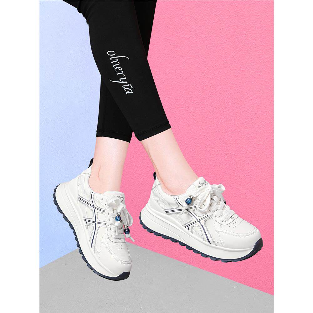 气质秋季新款真皮厚底小白鞋女百搭软底系带休闲增高运动旅游板鞋