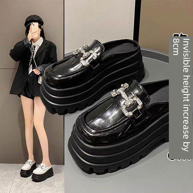 香港包头真皮女式半拖鞋2025新款秋季厚底厚跟单腿厚底鞋小皮鞋