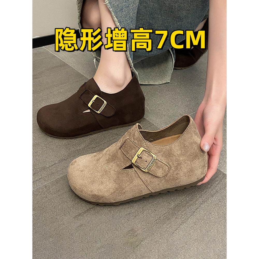 内增高7CM真皮勃肯鞋女鞋子秋季懒人一脚蹬豆豆鞋小个子厚底单鞋