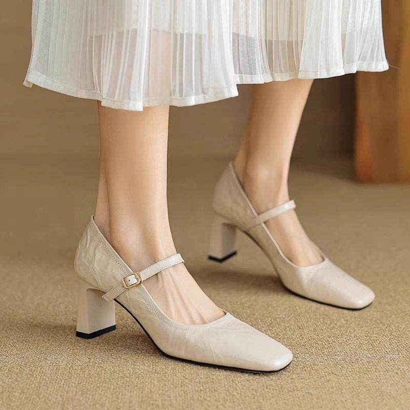 香港真皮厚跟女士平底鞋2025新夏季方趾覆古法式风格玛丽简高跟鞋,女鞋,浅口单鞋,淘宝优惠券,粉丝福利购,淘宝优惠卷