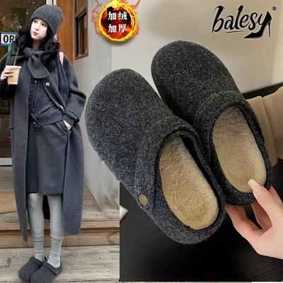 英国内增高包头半拖鞋女2025新款冬季加绒厚底毛毛鞋一脚蹬勃肯鞋