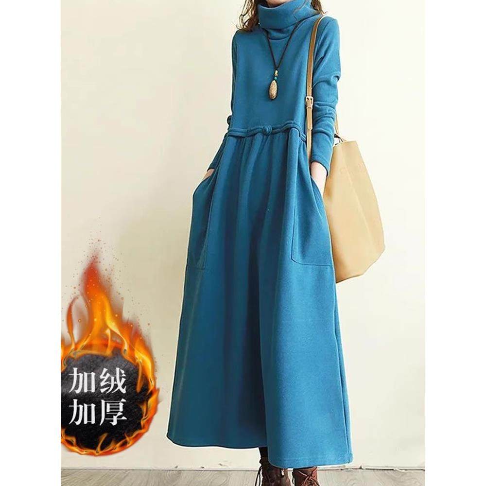加绒保暖高领连衣裙女秋冬大码宽松过膝长裙百搭覆古文艺打底裙子