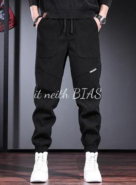 it neith BIAS灯芯绒休闲裤男秋冬宽松加绒黑色大码松紧腰束脚裤