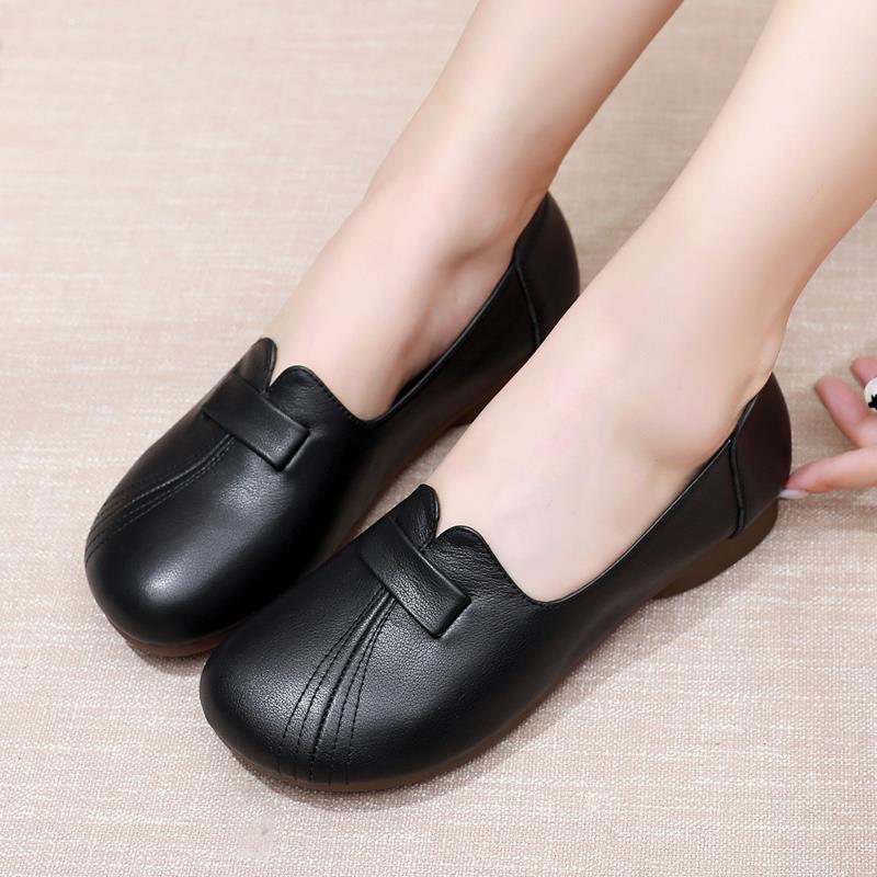 韩版潮牌妈妈鞋皮鞋全真皮软底舒适牛筋底女鞋覆古中平底休闲单鞋