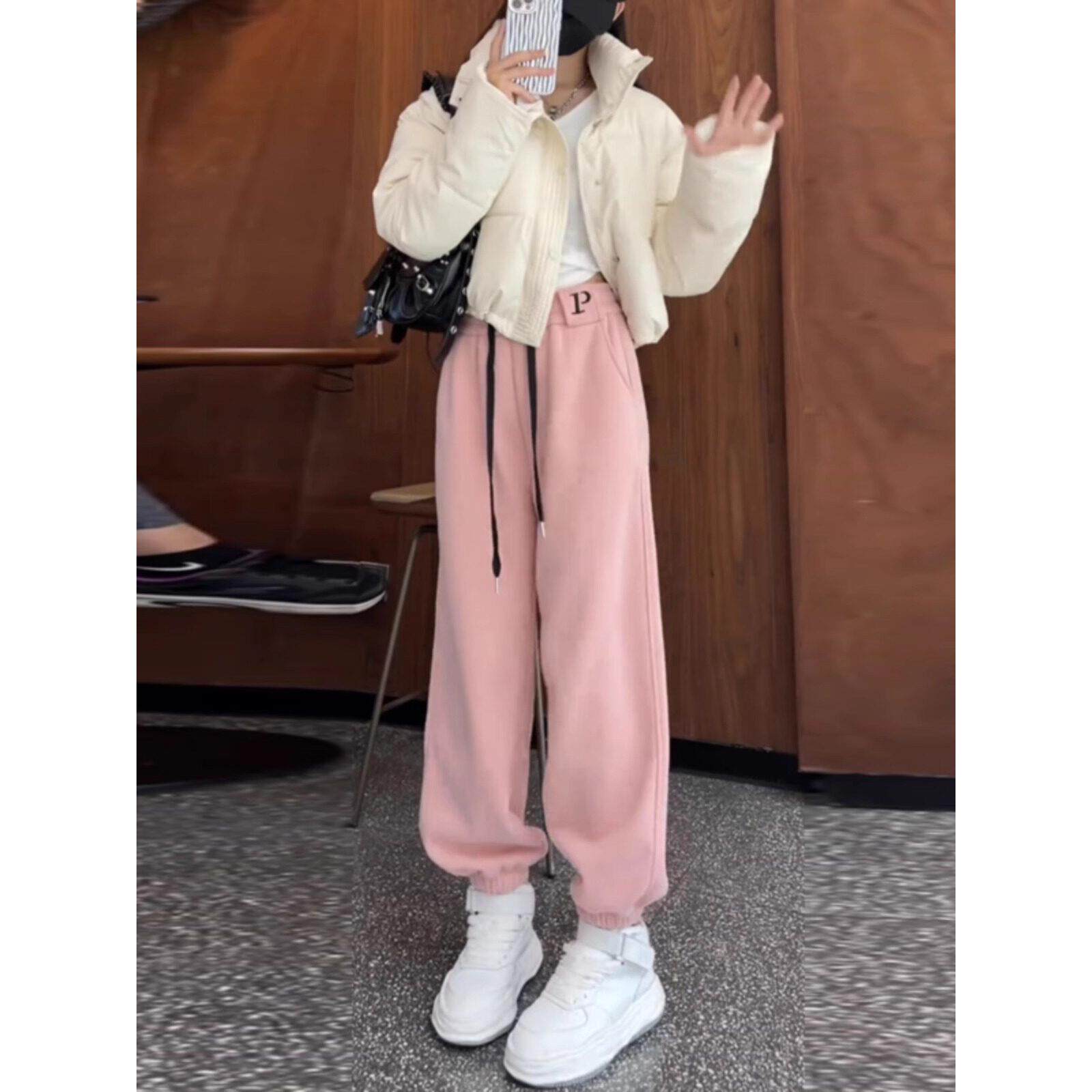 粉色痞雅裤运动卫裤女2025秋冬季新款韩版休闲小个子束脚哈伦长裤