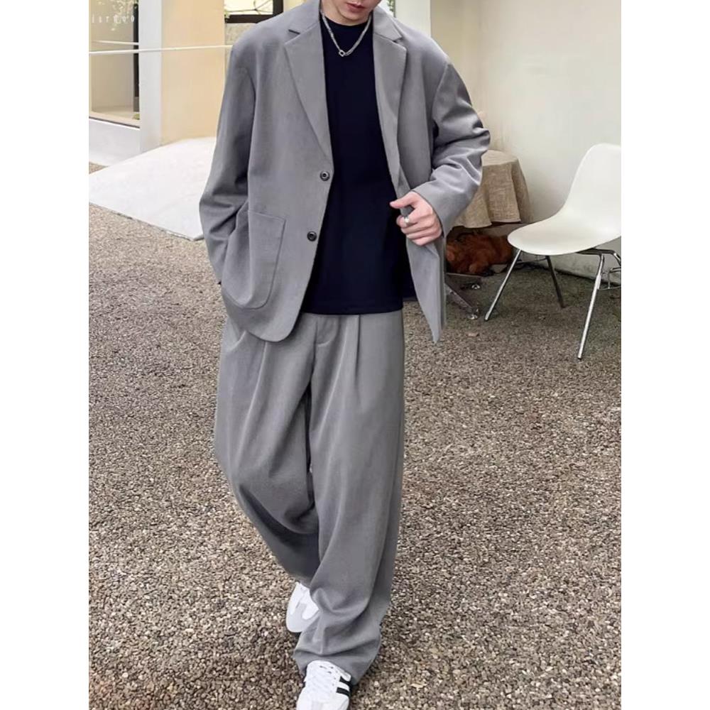 轻奢男士休闲西装套装高级感春秋款韩版新款坑条斜纹大码西服外套