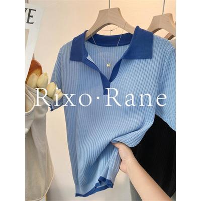 法国Rixo Rane⭐法式气质冰丝针织短袖T恤女撞色领polo衫修身上衣