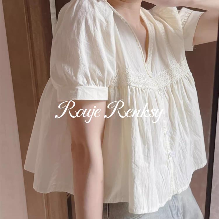 法国rouje renksy法式减龄绣花V领设计泡泡袖宽松娃娃衫衬衫女夏