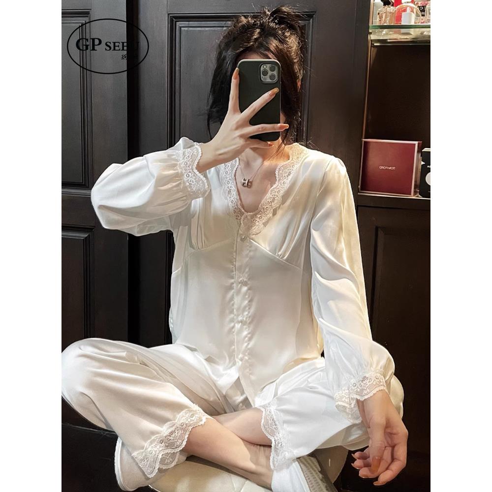 GP Seeu真丝睡衣女春秋薄款法式高级感V领蕾丝花边正肩纯色家居服
